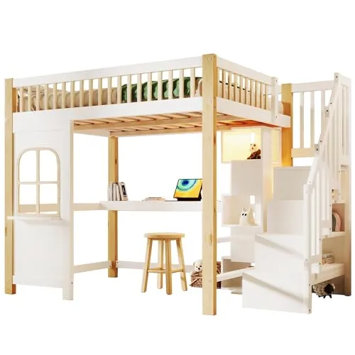 SOFTWEARY Hochbett mit Schreibtisch, Regal, LED-Beleuchtung, USB, Steckdosen, Rausfallschutz und Treppe, Kinderbett (weiß, 140x200 cm)