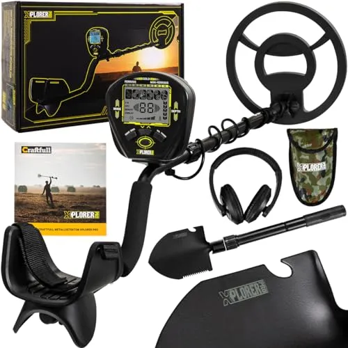 Craftfull Profi Metalldetektor Xplorer Pro - Metallsuchgerät für Erwachsene und Kinder, großes LCD-Display, wasserdichte Suchspule und umfangreiches Zubehörset