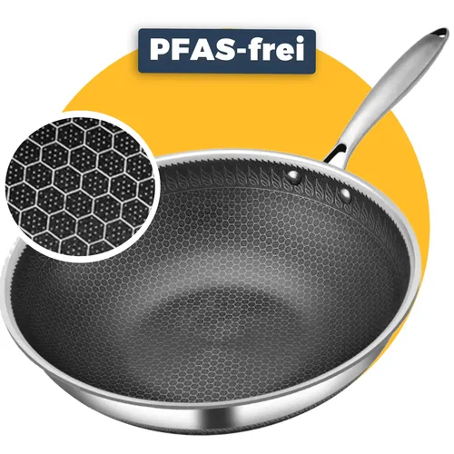 Pasper Wokpfanne Ø 28 cm – Frei von & PTFE – Induktion, Elektro, Keramik & Gas – Edelstahlpfanne mit Waben-Antihaftbeschichtung