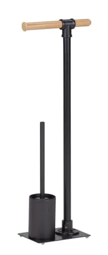 WENKO Stand WC-Garnitur Forli 2 in 1 - Praktische WC-Garnitur mit Rollenhalter und geschlossener Bürste, aus langlebigem schwarz lackiertem Stahl und nachhaltigem Bambus – ideal für Bad & Gäste-WC.