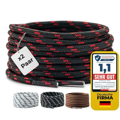 LaceHype 2 Paar - Premium Runde Schnürsenkel [ Ø4,5 mm ] Polyester für Arbeitsschuhe, Stiefel, Outdoorschuhe und Sportschuhe reißfeste Schuhbänder (Schwarz/Rot, 120cm)