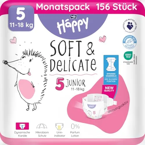 bella baby Happy Premium Windeln Größe 5 Junior 11-18 kg 156 Stück, DERMATEST & OEKO TEX Siegel, Babywindeln Einweg