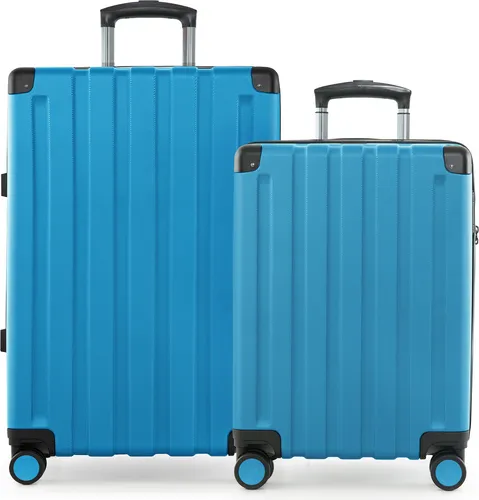 Q-Damm - 2er Koffer-Set Hartschalen-Trolleys mit Erweiterung 4 Doppelrollen, Koffer mit 4 Rollen, Bordkoffer + Check-In Gepäck, Hardshell Luggage, TSA,Cyanblau