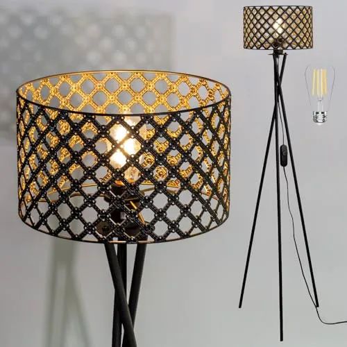 Osasy Vintage Metall Stehleuchte Dimmbar LED, Schwarz/Gold | Dreibein, Wohnzimmer & Schlafzimmer, Retro Standleuchte, Für Familien