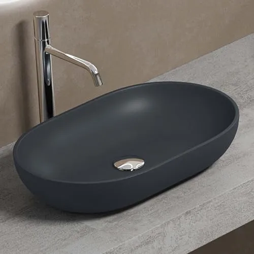 Mai & Mai Waschbecken mineralguss Aufsatzwaschbecken Colossum808 - Ovales Aufsatzwaschbecken aus hochwertigem Gussmarmor in Anthrazit Matt, ideal für modernes Badezimmerdesign, Maße: 54x34x10,5cm, DIN-Anschluss für einfache Montage.
