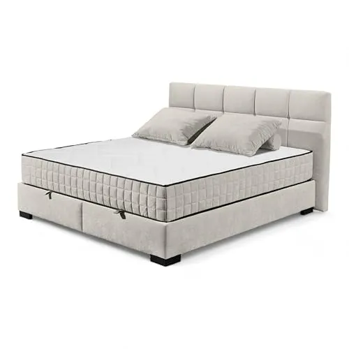 Stella Trading NAGOL A Boxbett 160x200, Sand - Bequemes Doppelbett mit Bettkasten und Premium 9-Zonen-Federkern Wendematratze - 185 x 114 x 214 cm (B/H/T)