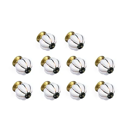 Set von 8 Keramikknöpfen in Weiß und Gold, handbemalt mit verschiedenen Designs. Handgefertigte Griffe für Schränke, Schubladen, Kommoden und Kleiderbügel. Klassische Knöpfe mit 40 mm Durchmesser.