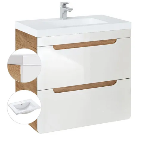 Lomadox Waschtisch LUTON-56, weiß mit Wotan Eiche - Moderne Waschbeckenunterschränke mit elegantem Hochglanz-Finish und praktischem Keramikbecken, ideal für stilvolle Badezimmerlösungen.