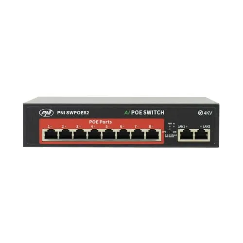 PNI Switch POE SWPOE82, 8 POE 100 Mbit/s-Ports und 2 UP Link 100 Mbit/s-Ports, 120 W, AI Extend-Funktion bis zu 250 m, 4 kV-Blitzschutz