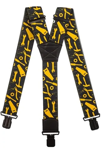 Olata Hosenträger mit Werkzeug-Muster – Robuste, Verstellbare X- und Y-Form, 5 cm Breit, Ideal für Arbeit und Alltag. Schwarz, Y-Form (Schwarz Clips) - 5 cm