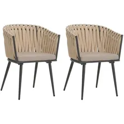 PROREGAL 2er-Set Aluminium-Gartenstuhl | HxBxT 82x61x57 cm | Sitzhöhe 50cm | Olefin Seilgeflecht Rope | Creme Kissen Hellbraun | Outdoor
