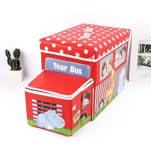 RHP Sitzbox Sitzhocker Kinder, Staubox mit Deckel, Spielzeug, faltbar, Polizei, Schulbus, Eiswagen, Zoo, Stauraum, Jungen & Mädchen, 50 l (Rot Tour Bus)