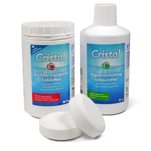 CRISTAL langsam lösliche ChlorTabs 200g + Algenverhütung schaumfrei BAYROL Pool