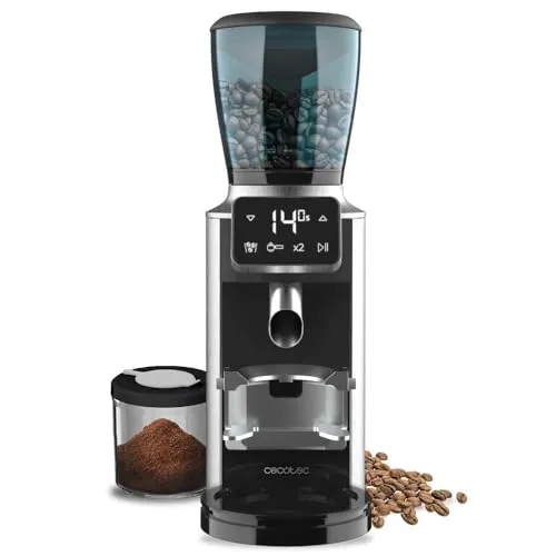 Cecotec Elektrische Kaffeemühle SteelMill Touch 150W - Elektrische Scheibenkaffeemühle mit elegantem Edelstahl-Finish, Touch-Panel und 30 Mahlstufen für perfekten Kaffeegenuss. Großes Fassungsvermögen für bis zu 200 g Kaffeepulver.