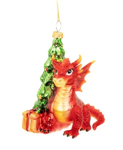 itsisa Baumschmuck Roter Drache mit Weihnachtsbaum - Baumkugel Fantasy, Weihnachtsdeko, Christbaumkugel