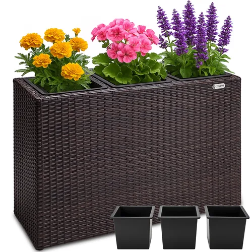 CASARIA Pflanzkasten Sichtschutz braun, 83 x 30,5 x 60 cm - Garten-Zubehör mit handgewebtem Polyrattangeflecht, wetterfest und schmutzabweisend. Ideal für Innen- und Außenbereiche, inklusive 3 herausnehmbarer Innentöpfe und Bodenloch für Wasserablauf.