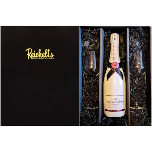 Moet & Chandon Ice Imperial Rose Champagner 0,75 l 12% + 2 x Moet Champagnerglas mit edler Krone und Schriftzug in Präsentbox by Reichelts | Das ideale Geschenk für Geburtstag, Hochzeit uvm.