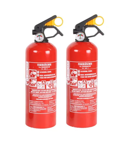 EXDINGER Pulver-Feuerlöscher 2 x Autofeuerlöscher Pulver mit Manometer GP-1X ABC 1 kg mit Halterung, Dauerdruck, ABC-Pulver, (2-St) Dauerdrucklöscher, Sicherungskeil, mehrfach befüllbar