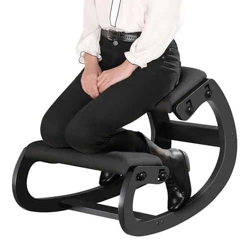 Predawn Ergonomischer Kniestuhl, Verstellbarer Kniehocker mit Wippfunktion, Massivholzrahmen und Leinenbezug, bis 120kg, fuir Homeoffice, Lernen und Meditation (Schwarz)