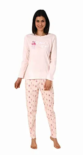 Eleganter Damen Schlafanzug lang mit Flamingo als Motiv, Pyjamahose Allover Bedruckt, Farbe:rosa, Größe:48-50