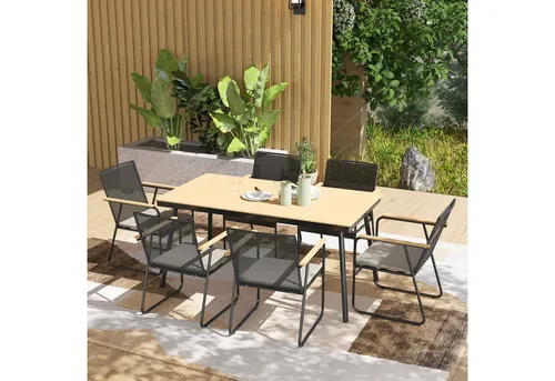 Outsunny 7-teiliges Metall Essgruppe für 6 Personen - Gartenmöbel-Set mit elegantem Design, das Komfort und Funktionalität vereint. Wetterfeste Tischplatte und weiche Kissen sorgen für unvergessliche Mahlzeiten im Freien.