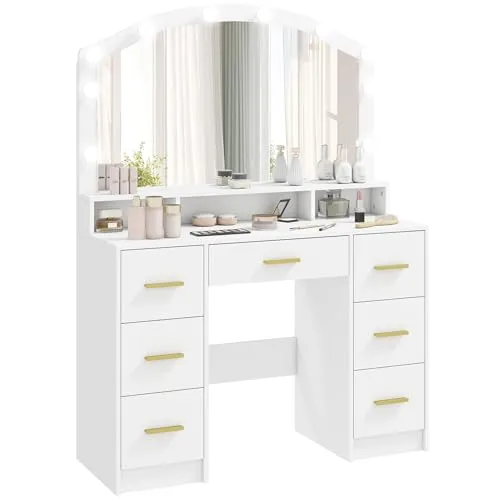 HOMCOM Schminktisch mit LED-Beleuchtung, 3 Lichtfarben, Frisiertisch mit Groß Spiegel, 7 Schubladen, 3 Fächern, Kosmetiktisch für Schlafzimmer, Weiß