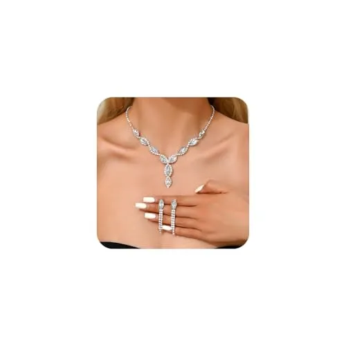 KBRPEY 2 Stück Marquise Kristall Schmuckset Halskette Ohrringe Tropfen Strass Collier Brautschmuck Elegant Hochwertig Luxuriös Silberfarbig