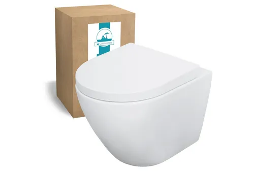 Calmwaters Tiefspül-WC, wandhängend, Abgang Waagerecht - WC-Becken mit spülrandlosem Design, platzsparend und ideal für kleine Bäder, inklusive Duroplast WC-Sitz mit Absenkautomatik für zusätzlichen Komfort.