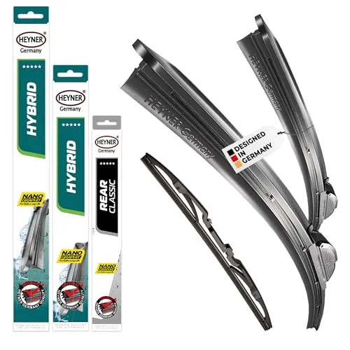 HEYNER Scheibenwischblätter für BMW i3 (08.2013 - 06.2022) - Scheibenwischer Set mit 2x Front- und 1x Heckwischer, maßgeschneidert mit Adapter. Hybrid-Technologie sorgt für leises, streifenfreies Wischen bei allen Witterungsbedingungen.
