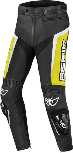 Berik Misle Motorrad Lederhose, schwarz-weiss-gelb, Größe 58 - Motorradhosen aus 1.1-1.3mm Premium Rindsleder mit Flexibilität dank Super-Tense-tex-Stretchmaterial und integrierten Protektoren für Hüfte und Knie.