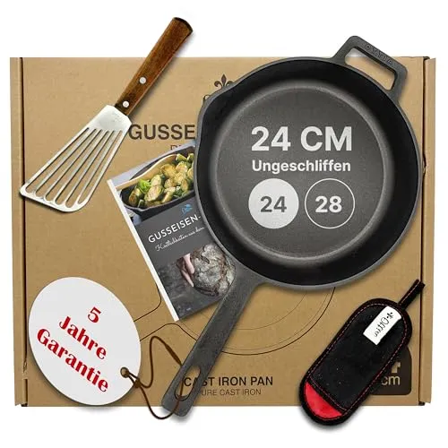 Ottia reine Gusseisenpfanne Induktion 24cm (ungeschliffen), mit eKochbuch, Pfannenwender, waschbarem Hitzeschutz, Gusseisen, Eisenpfanne, Cast Iron Pan, Händler aus Hamburg