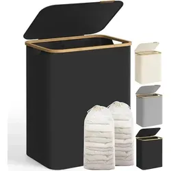 SONGMICS Wäschekorb mit Deckel, Wäschekorb mit 2 Fächern, 130 L, abnehmbarer Wäschesack, Oxford-Stoff, Bambusgriffe, klappbar, 52 x 38,5 x 70,5 cm, Tintenschwarz