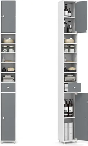 COSTWAY Badschrank, Hochschrank, Badezimmerschrank mit 2 Türen, 1 Schublade & Regalen, Badregal, 20x20x180cm, Weiß+Grau