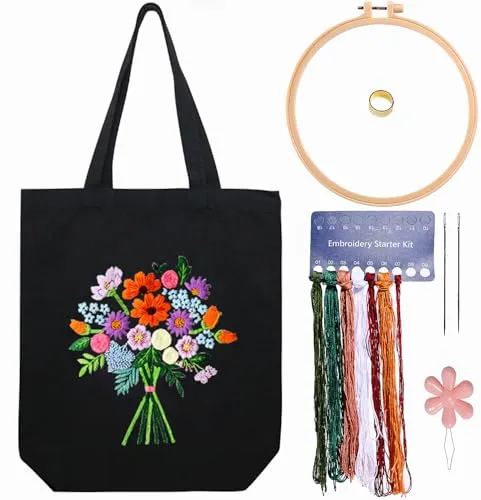 CREAWONDER Leinwand-Tote-Bag-Stickerei-Set mit Muster für Anfänger, Kunst- und DIY-Stickerei-Bastelsets für Erwachsene, einschließlich Anleitung, Stickrahmen, Farbfäden und Werkzeug