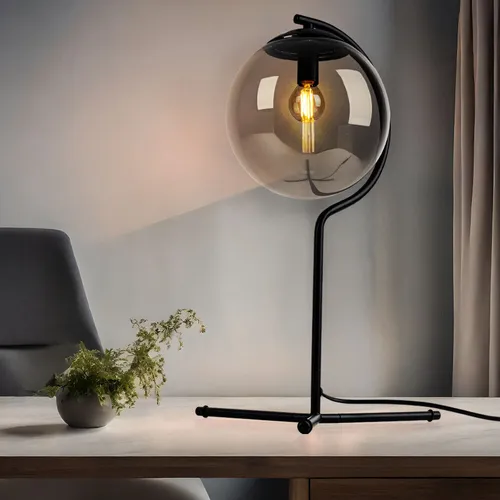 Tischleuchte Beistelllampe Schwarz mit Rauchfarbenem Glasschirm - Moderne Tischleuchte aus Metall und Glas, Höhe 50 cm, E14 Fassung für individuelle Lichtgestaltung, ideal für Schlafzimmer und Wohnzimmer.