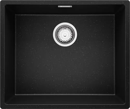 PRIMAGRAN Unterbauspüle Granit Schwarz Metallic 56x47cm, Spülbecken 1 Becken + Ablauf-Set, Granitspüle ab 60er Unterschrank - London S175