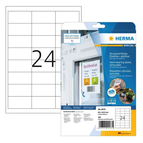 HERMA Folien-Etiketten A4 66x33,8mm - 480 ablösbare Etiketten - Etiketten für vielseitige Anwendungen, ablösbar und ideal für temporäre Beschriftungen. Perfekt für Büro und Zuhause.