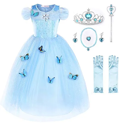 JerrisApparel Aschenputtel Kleid Prinzessin Kostüm Schmetterling Mädchen (130, Himmel Blau mit Zubehör)