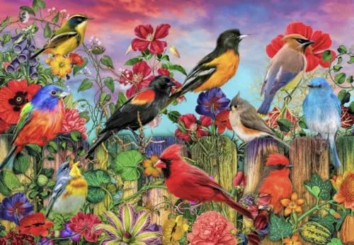 Bluebird Puzzle - Garten der Vögel und Blumen, Puzzle 1000 Teile - Garten mit bunten Blumen und Vögeln - Erwachsenenpuzzle