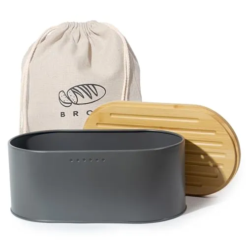 SYLANDO Brotkasten mit Großer Kapazität, Hochwertige Metall Brotbox, Die Aufbewahrung für noch länger frisches Brot, Deckel aus Ökologisches Bambus (Grau)