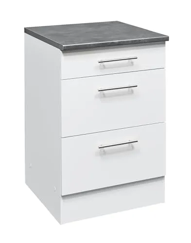 Eddy Moderner Schubladenschrank Küche in Weiß matt, Metallic Grau - Unterschrank für die Küche mit eleganter, zeitloser Optik und drei geräumigen Schubladen für optimalen Stauraum - ideal für Besteck und Küchenutensilien.