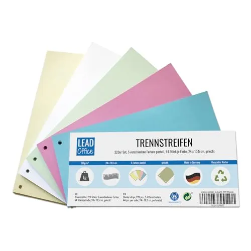 Trennstreifen, 220 Stück, 5 Farben: pastell, 44 Stück je Farbe, 24 x 10,5 cm, gelocht, 160g/m², zum Sortieren und Trennen von Dokumenten bis DIN-A4-Format