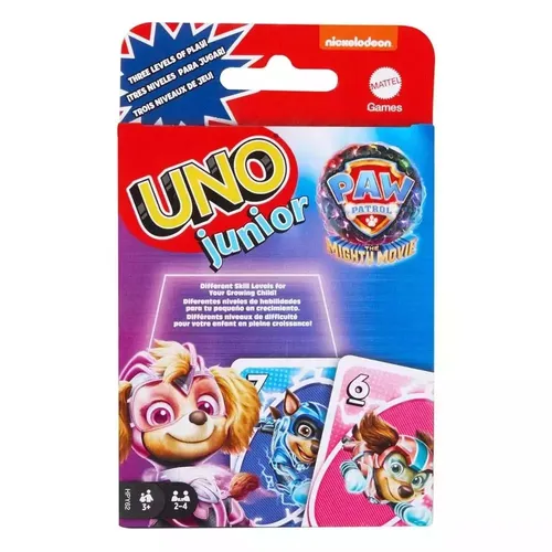 Mattel Games UNO Junior Paw Patrol: The Mighty Movie - Deckkartenspiel für 2-4 Spieler ab 3 Jahren, mit 3 Schwierigkeitsstufen und beliebten Paw Patrol Charakteren für spannenden Spielspaß.