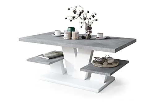 All4All Couchtisch Valerio - Wohnzimmertisch - Kaffeetisch – Tisch mit Ablagen - Esszimmertisch - Coffee Table - 110x60cm - 05 - Beton + Weiß