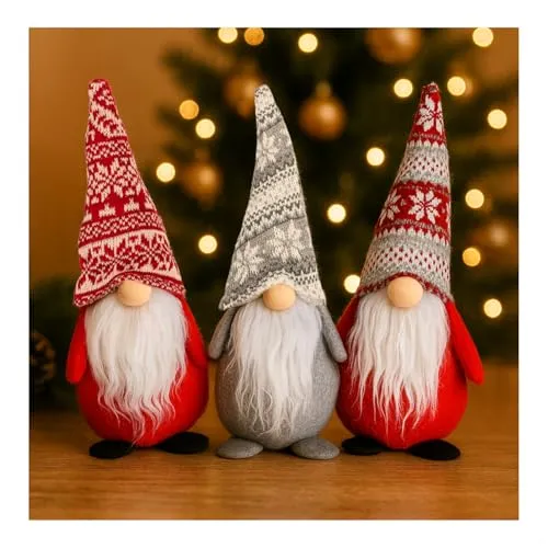 com-four® 3X Weihnachtswichtel 33 cm - skandinavische Deko-Trolle - winterliche Zwergen-Figur - Deko-Aufsteller - schwedischer Gnom mit Bart + Strickmütze - Weihnachtsdeko (3X - grau/weiß/rot)