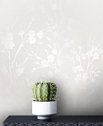 Newroom Tapete Weiß Vliestapete Leicht Glänzend - Blumentapete Floral Blumen Blätter Landhaus inkl. Tapezier-Ratgeber