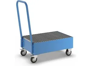 eurokraft basic Fahrbare Auffangwanne aus Stahlblech, LxB 800 x 500 mm, 2 x 60-l-Fass stehend, blau RAL 5012