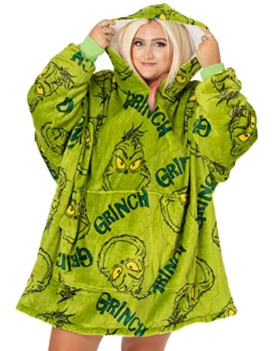 The Grinch Übergroßer Decken-Hoodie für Erwachsene | Unisex Damen Herren Festlicher Film Animierter Charakter Tragbarer Pullover VUddie | Grüner One-Size-Pullover mit Tasche