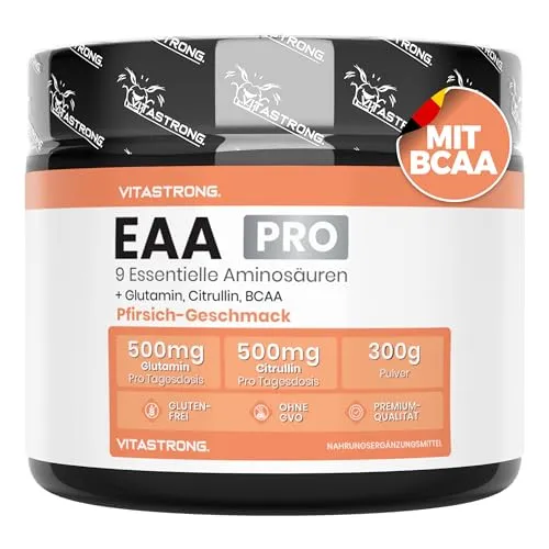 EAA PRO Vitastrong 300g - Essenzielle Aminosäuren für Sportler - Verzweigtkettige Aminosäuren (BCAA) in erfrischendem Pfirsichgeschmack, ideal zur Unterstützung der Proteinsynthese und Steigerung der Trainingsleistung.