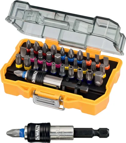 DeWalt Bitset DT7969, 32-teilig – Schlitz, Kreuz, Torx, Innensechskant - Handwerkzeug mit 25mm Bits, magnetischem Schnellwechselbithalter und Stecknussadapter. Ideal für schnellen Bitwechsel und vielseitige Anwendungen in der Werkstatt.